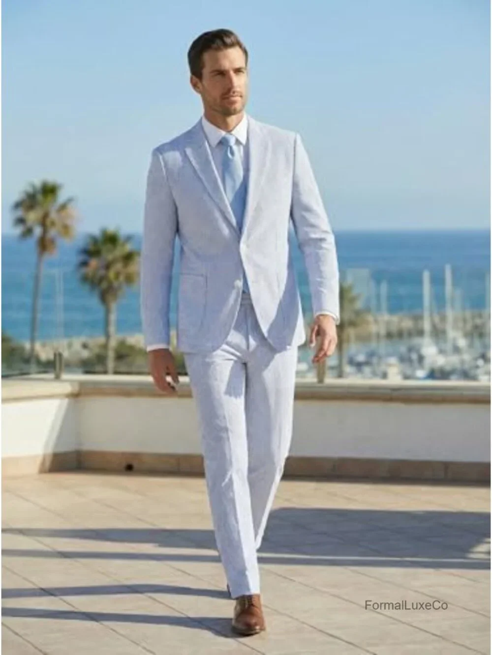 Men's Seersucker Suit 2 Piece Striped Blazer Pants Groomsman Wedding Prom Slim